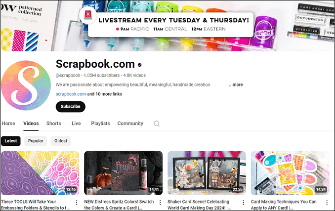 The Scrapbook.com YouTube channel on the YouTube website