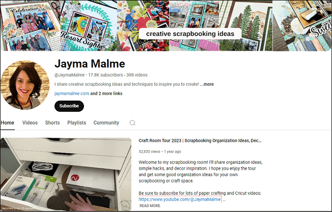 The Jayma Malme YouTube channel on the YouTube website