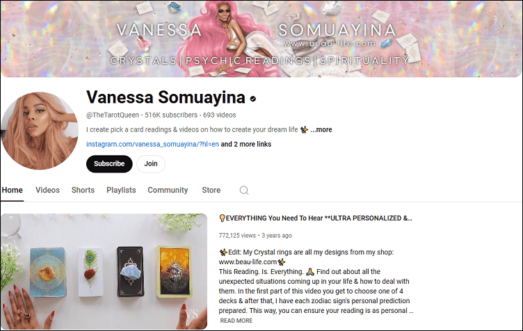 The Vanessa Somuayina channel on the YouTube website