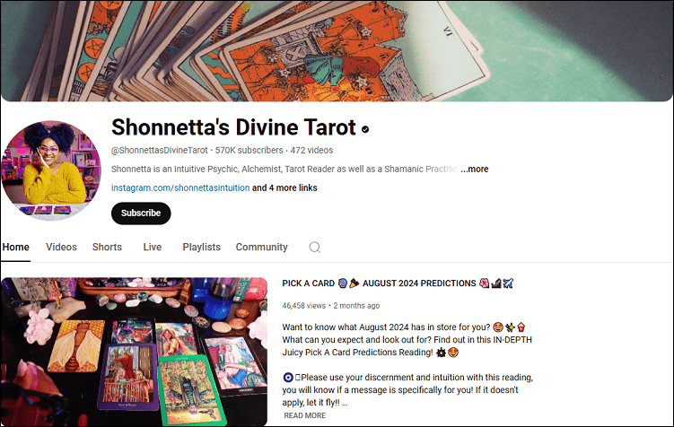 The Shonnetta’s Divine Tarot channel on the YouTube website