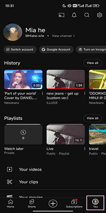 Find the You tab at the bottom right corner of the interface of the YouTube app