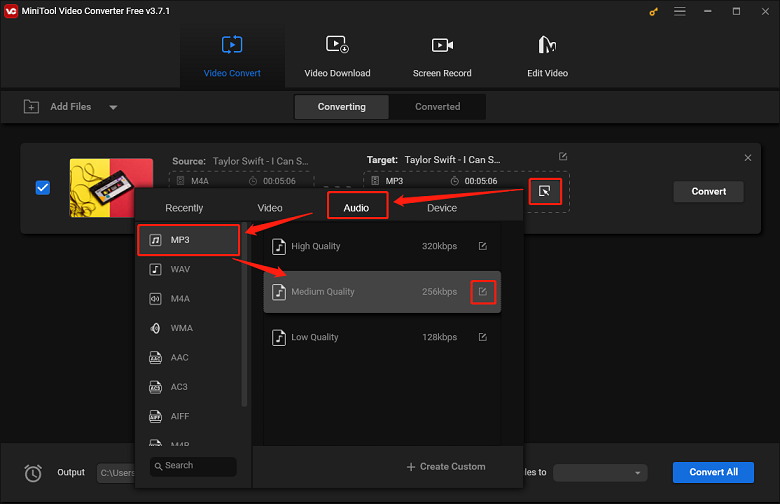 Choose a Walkman-compatible format for converting in MiniTool Video Converter