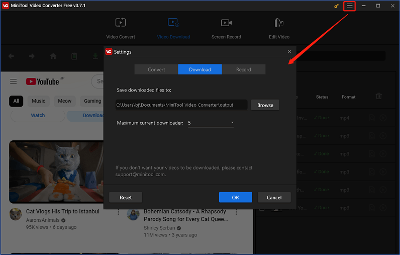 Adjust the download settings for video downloading in MiniTool Video Converter