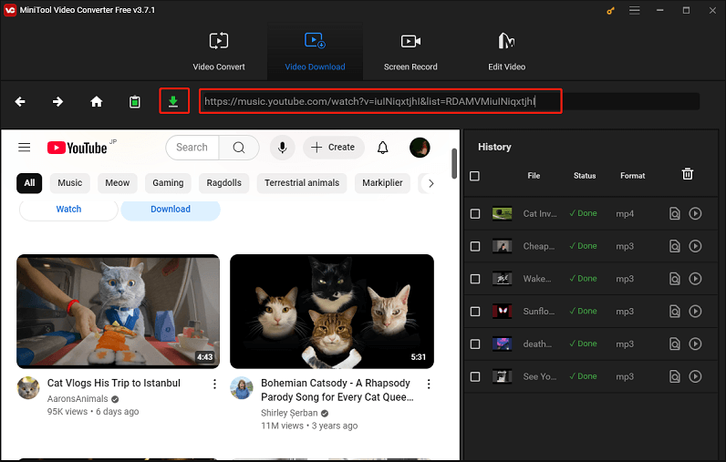 Paste music link and click Download to download music in MiniTool Video Converter