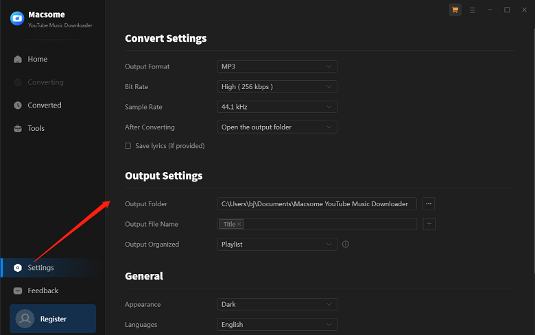 Click on Settings to set output format and other parameters in Macsome YouTube Music Downloader