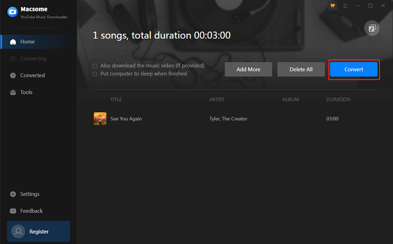 Click on Convert to start downloading in Macsome YouTube Music Downloader