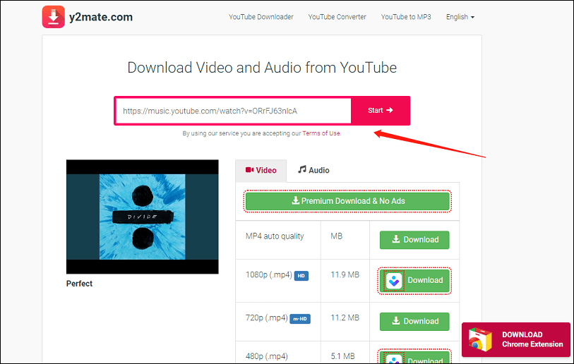 Paste the URL and click Start for downloading in Y2Mate