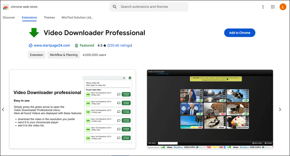 The Video Downloader Professional extension on Chrome Web Store