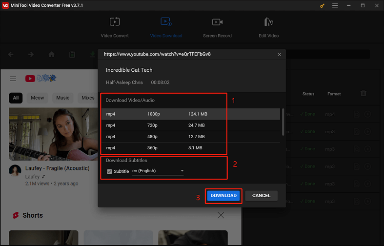 Select the download format and click DOWNLOAD to start downloading in MiniTool Video Converter