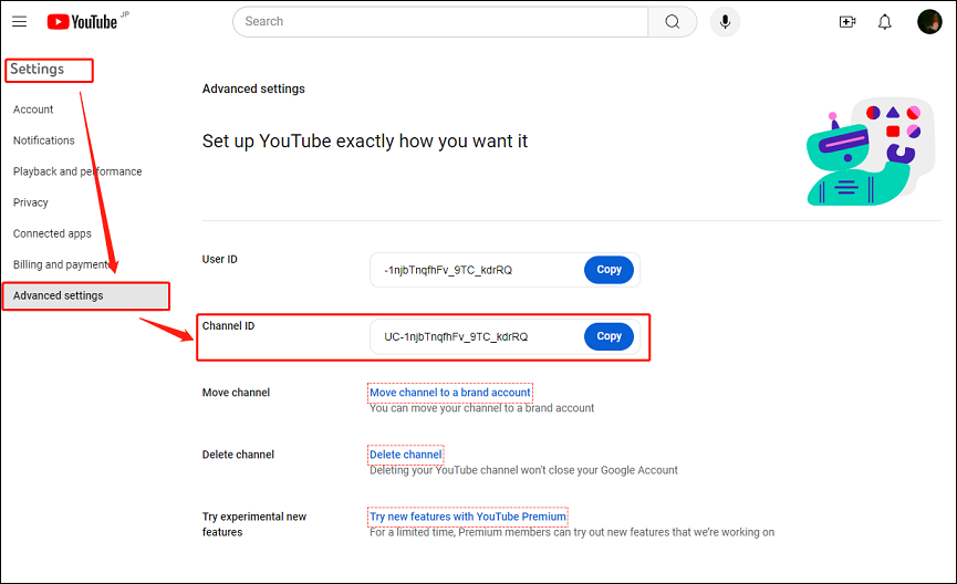 Go to Settings > Advanced settings to find your channel ID on YouTube