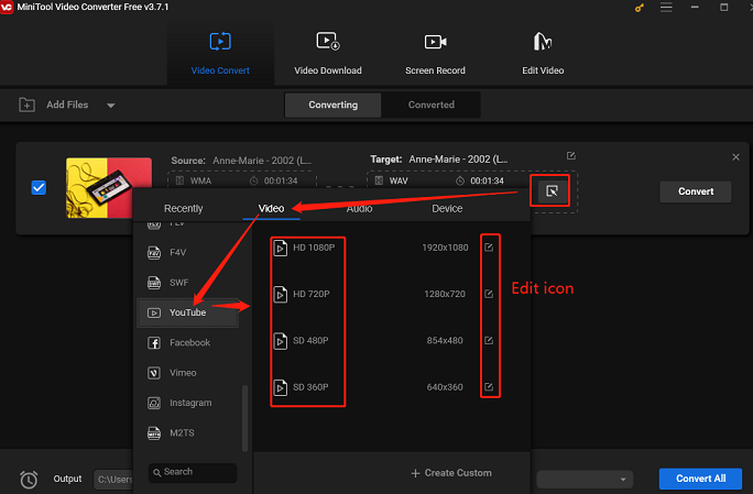 Click on the diagonal arrow button to set the output format in MiniTool Video Converter