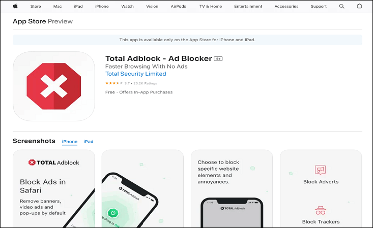 The screenshot of Total Adblock on the App Store