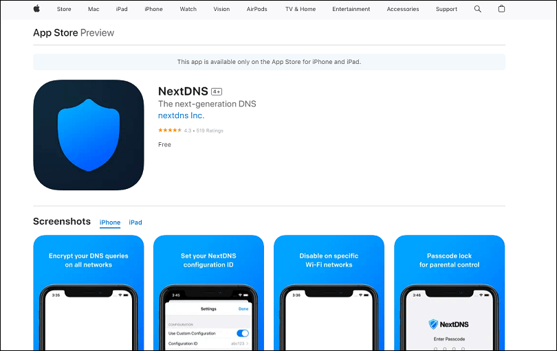 The screenshot of NextDNS on the App Store