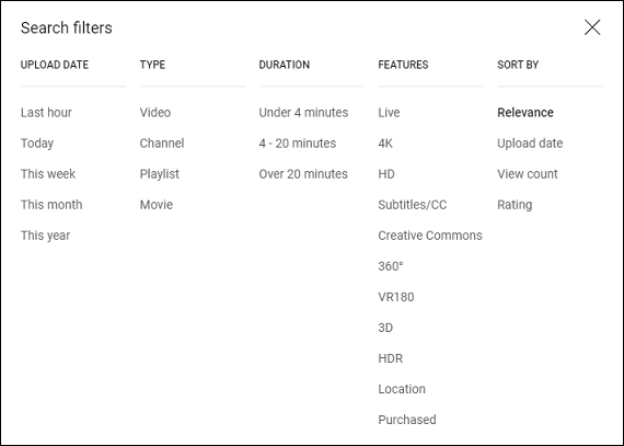 YouTube search filters on the YouTube website