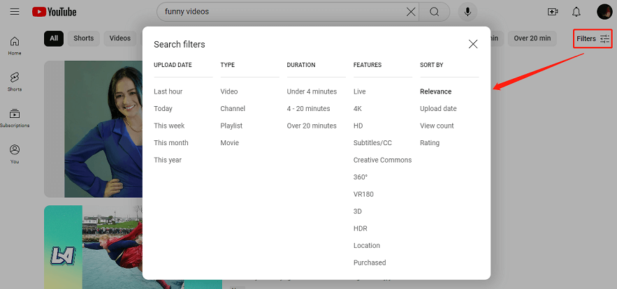 Click on Filter to refine search results on YouTube