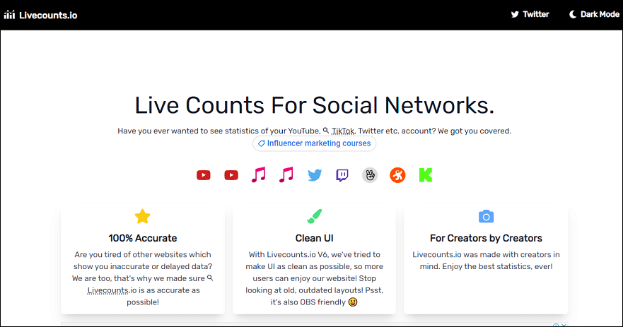 The screenshot of the official website of Livecounts.io