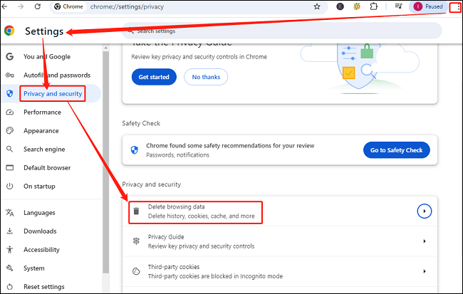 Click Delete browsing data to clear the data on Chrome’s settings