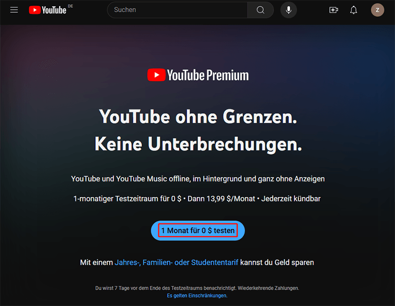 Klicken Sie auf die Schaltfläche 1 Monat für $0 testen