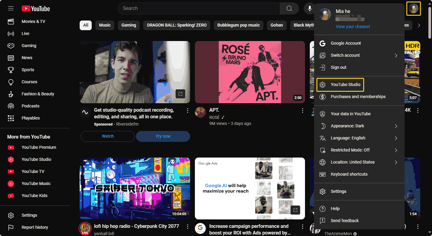 Click your profile picture at the top-right corner and select the YouTube Studio option from the drop-down menu