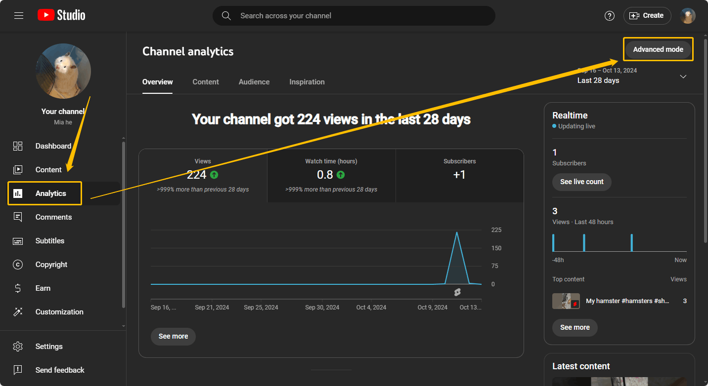 Choose the Analytics tab from the left menu and then click Advanced mode at the top-right corner