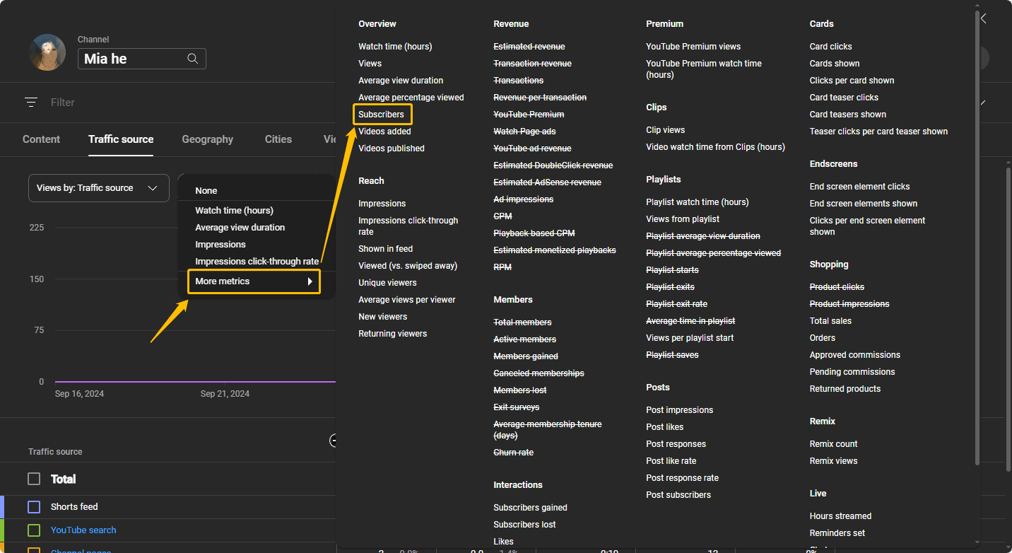 Choose More metrics and then select the Subscribers option under Overview from the expanded menu