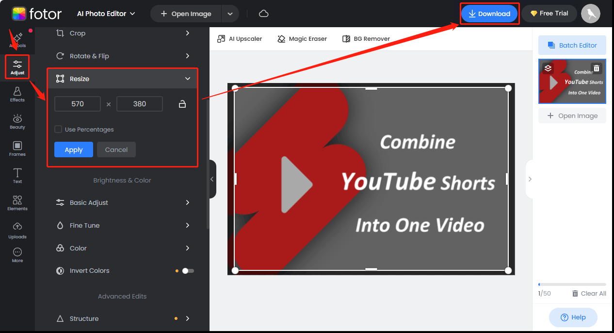 Choose the Adjust tab and expand the Resize option. Then customize the width and height of the thumbnail and click Apply. Press Download to save the image.