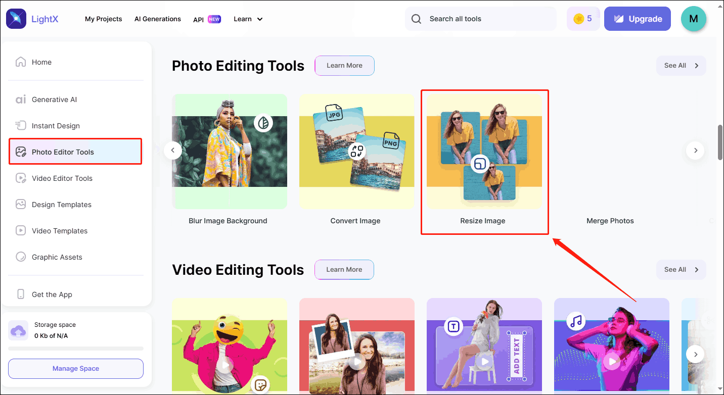 Choose Photo Editor Tools from the left menu and then select Resize Image