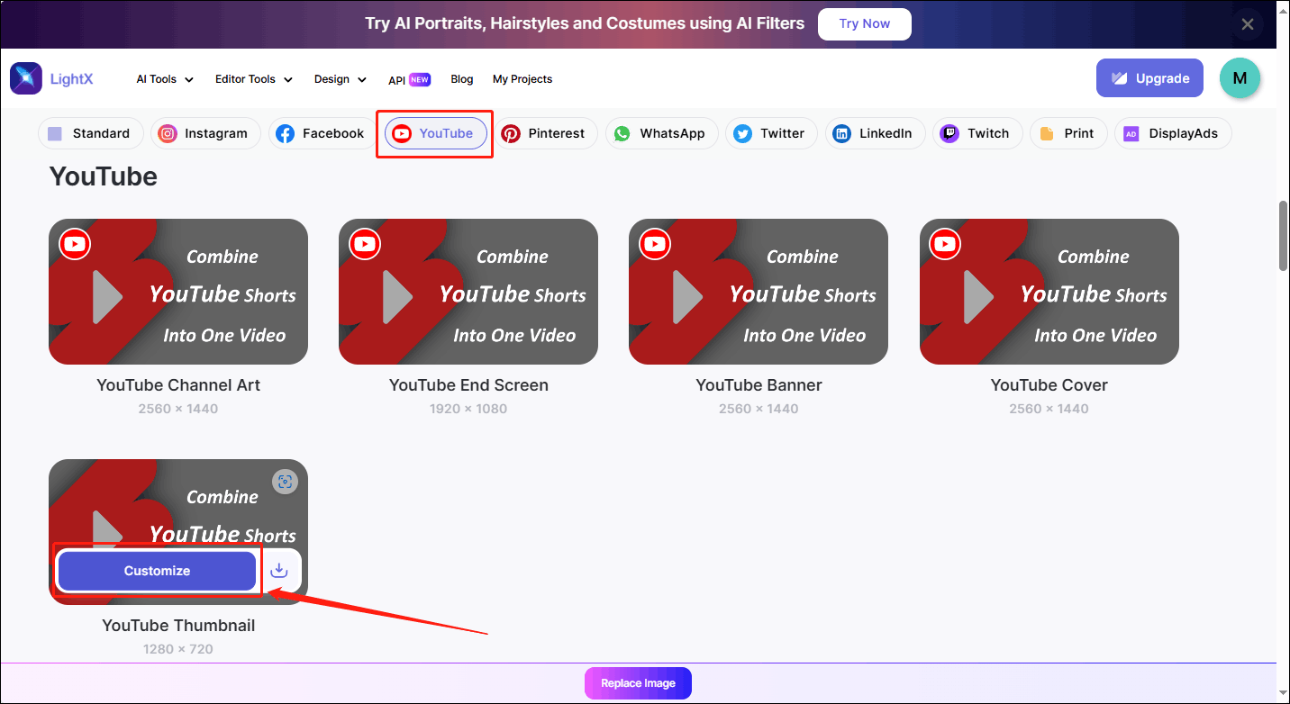 Select YouTube and hover over the YouTube Thumbnail option. Then click the Customize button.