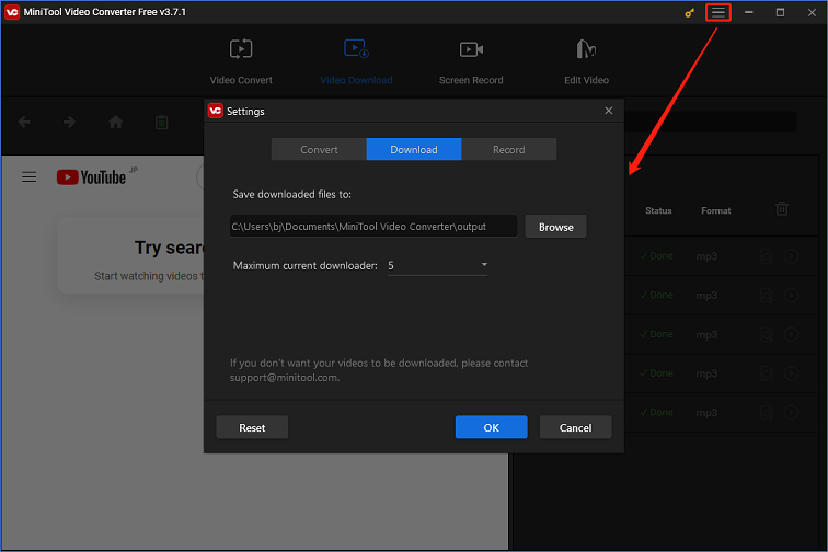 The Settings window to adjust pre-download settings in MiniTool Video Converter