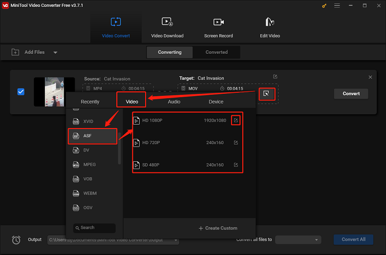 Choose the ASF format for converting in MiniTool Video Converter