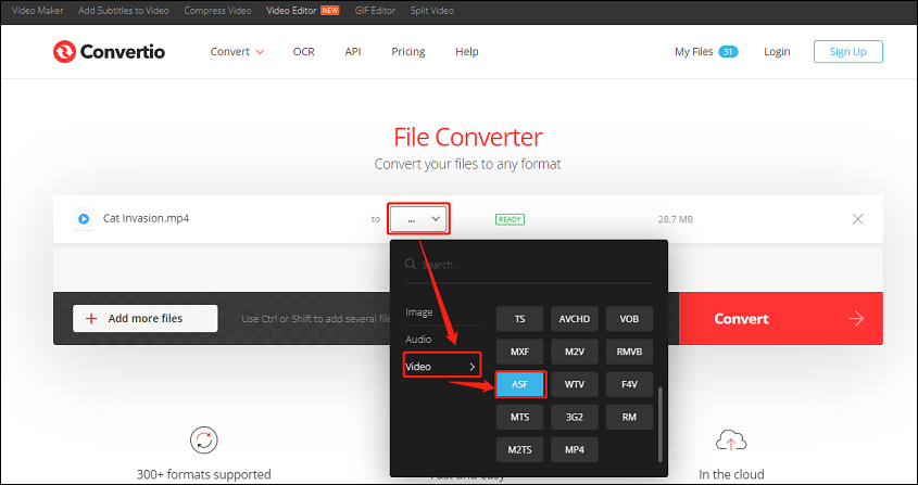 Choose the ASF format for converting in Convertio