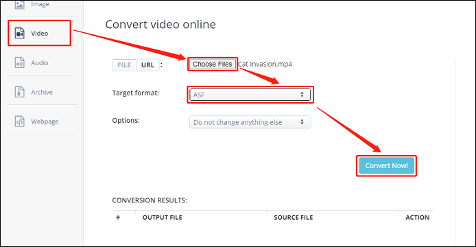 The conversion steps for converting YouTube to ASF with AConvert