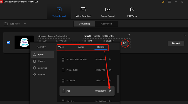 Click on the diagonal arrow to choose convert format in MiniTool Video Converter