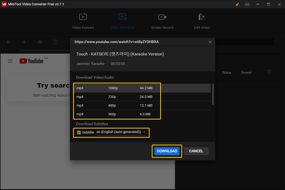 Choose an output format and subtitles and then download it