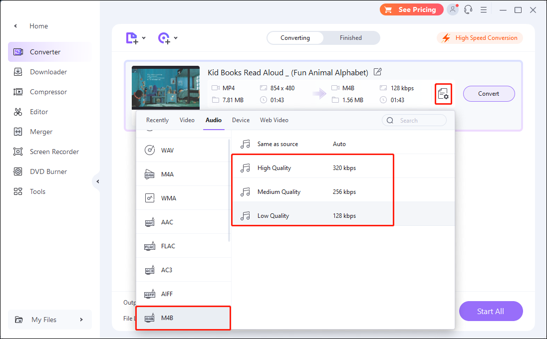 Click the Choose Format icon, choose M4B format, and select an audio quality