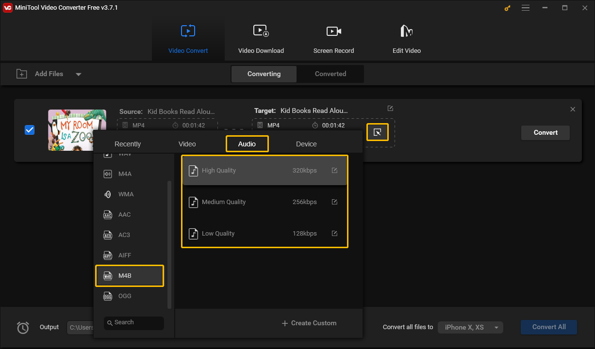 Click the arrow icon and select Audio, M4B, and then choose an option of audio quality