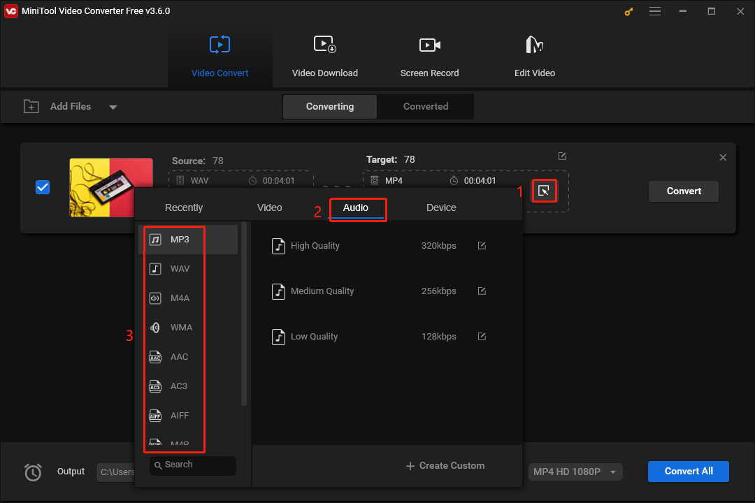 select an audio format in MiniTool Video Converter