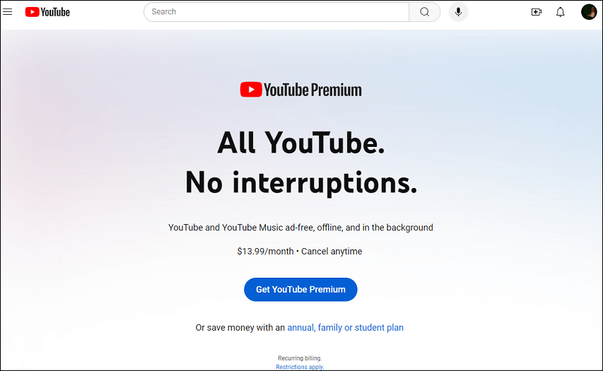 The price of getting YouTube Premium on the YouTube official website