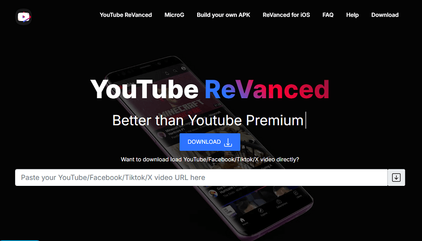 The screenshot of the official website of YouTube ReVanced