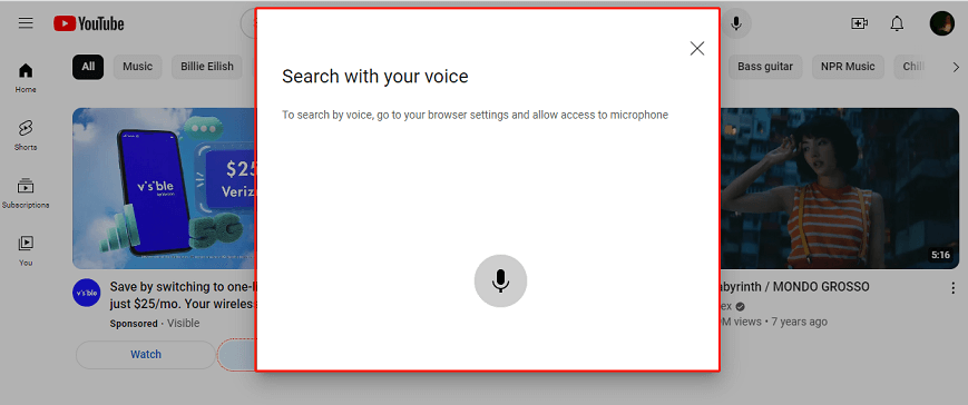 A prompt window to ask you to give access to the microphone on YouTube