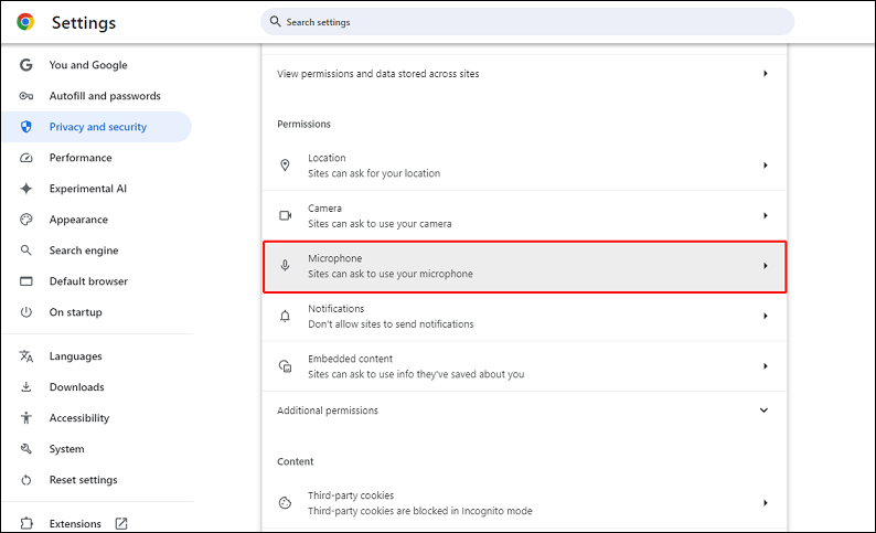 Click Microphone Under Permissions to change YouTube microphone permission on Chrome