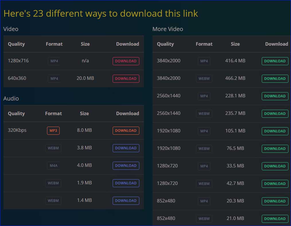 escolha um formato e clique em Download