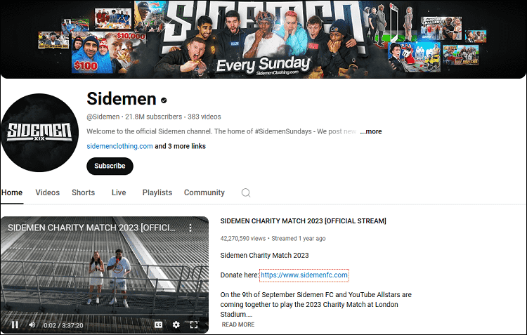 The channel page of Sidemen on YouTube