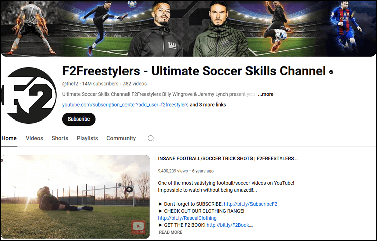 The channel page of F2Freestylers - Ultimate Soccer Skills Channel on YouTube