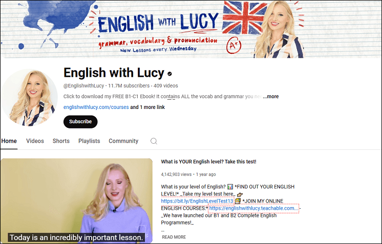 The channel page of English with Lucy on YouTube