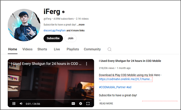 The main interface of iFerg on YouTube