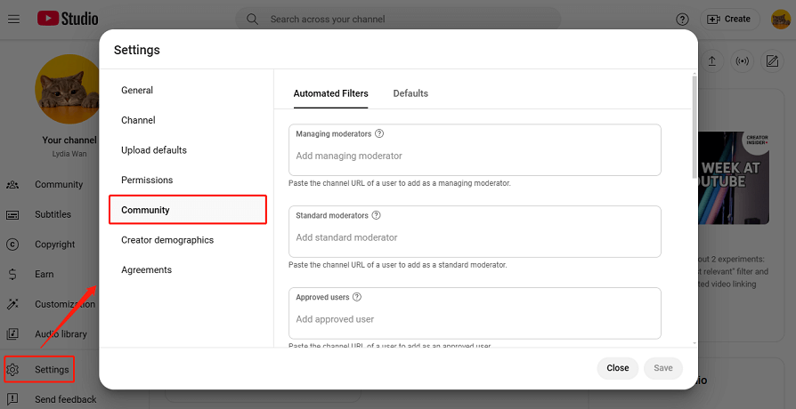 Choose Settings and click Community in YouTube Studio