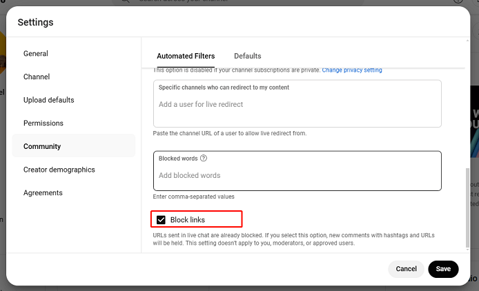 Check the box next to Block links under Automated Filters in YouTube Studio