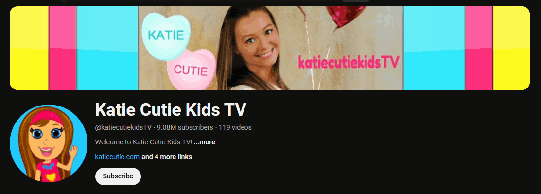 The channel homepage of Katie Cutie Kids TV