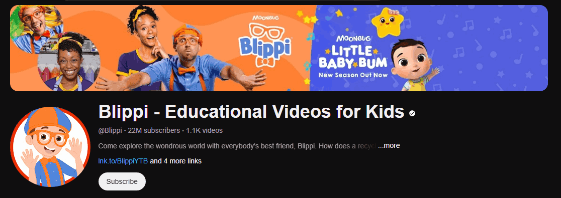 The channel homepage of Blippi - Educational Videos for Kids